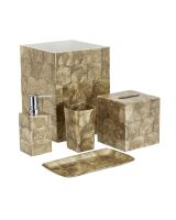 6913 - Champagne Capiz Shell Bathroom Set - Basket (7.9"), Tissue (5.1x5.5"), Pump (2.6x6.7"), Cup (2.4x5.1"), & Tray (9.3x5.1")