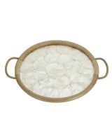 6942 - Ivory Capiz Lined Rattan Wooden Tray 14.2x2" Round