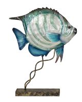 7147 - Small Striped Bannerfish on Stand 10x8" - Metal & Capiz Art