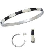 1560 - Black & White Troca Stainless Steel 1"dia Earrings & 0.5mm Bangle