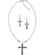 1891 - Abalone Inlaid Cross Stainless Steel Necklace & Earrings