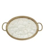 6942 - Ivory Capiz Lined Rattan Wooden Tray 14.2x2" Round
